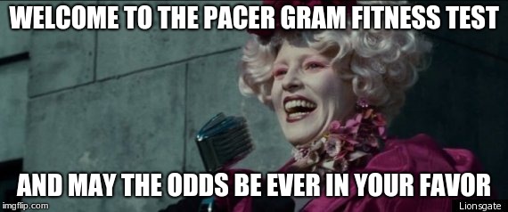 Fitness gram pacer... | WELCOME TO THE PACER GRAM FITNESS TEST; AND MAY THE ODDS BE EVER IN YOUR FAVOR | image tagged in effie trinket memes,hunger games memes,effie trinket pacer test meme,effie,may the odds be ever in your favour | made w/ Imgflip meme maker