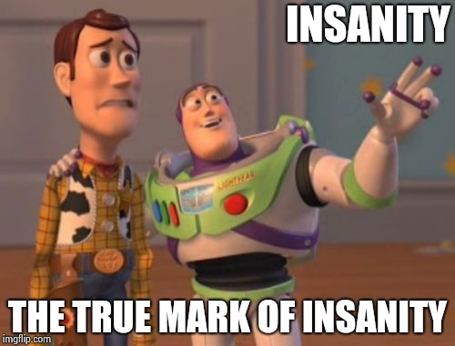 X, X Everywhere Meme | INSANITY THE TRUE MARK OF INSANITY | image tagged in memes,x x everywhere | made w/ Imgflip meme maker