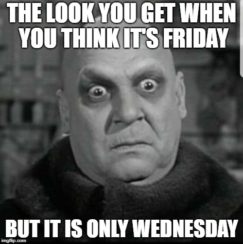 THE LOOK YOU GET WHEN YOU THINK IT'S FRIDAY; BUT IT IS ONLY WEDNESDAY | image tagged in fester | made w/ Imgflip meme maker