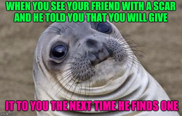 Awkward Moment Sealion Meme | WHEN YOU SEE YOUR FRIEND WITH A SCAR AND HE TOLD YOU THAT YOU WILL GIVE; IT TO YOU THE NEXT TIME HE FINDS ONE | image tagged in memes,awkward moment sealion | made w/ Imgflip meme maker