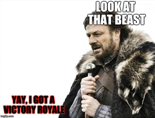 Brace Yourselves X is Coming | LOOK AT THAT BEAST; YAY, I GOT A VICTORY ROYALE | image tagged in memes,brace yourselves x is coming | made w/ Imgflip meme maker