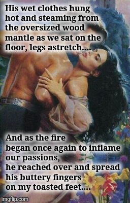 Romance novel | His wet clothes hung hot and steaming from the oversized wood mantle as we sat on the floor, legs astretch.... And as the fire began once again to inflame our passions, he reached over and spread his buttery fingers on my toasted feet.... | image tagged in romance novel | made w/ Imgflip meme maker