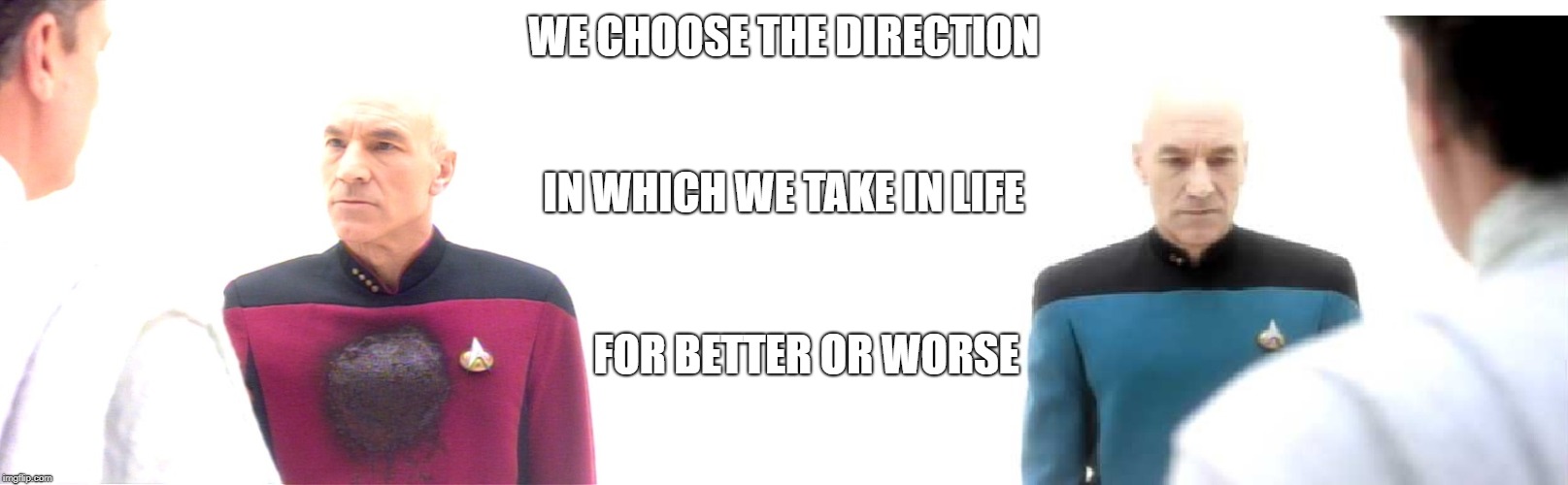 WE CHOOSE THE DIRECTION; IN WHICH WE TAKE IN LIFE; FOR BETTER OR WORSE | image tagged in choose wisely,good,bad luck,star trek tng | made w/ Imgflip meme maker