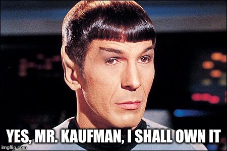 Condescending Spock | YES, MR. KAUFMAN, I SHALL OWN IT | image tagged in condescending spock | made w/ Imgflip meme maker