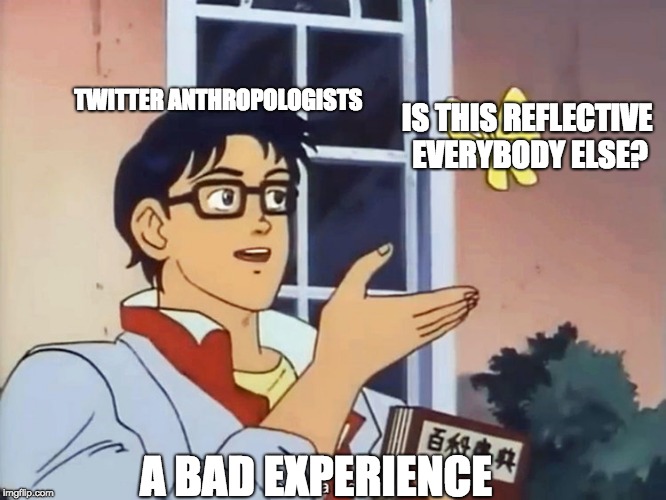 ANIME BUTTERFLY MEME | TWITTER ANTHROPOLOGISTS; IS THIS REFLECTIVE EVERYBODY ELSE? A BAD EXPERIENCE | image tagged in anime butterfly meme | made w/ Imgflip meme maker