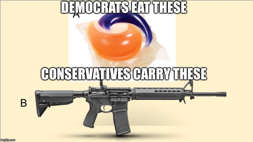 Left vs Right wing | DEMOCRATS EAT THESE; CONSERVATIVES CARRY THESE | image tagged in tide pod vs ar15 | made w/ Imgflip meme maker