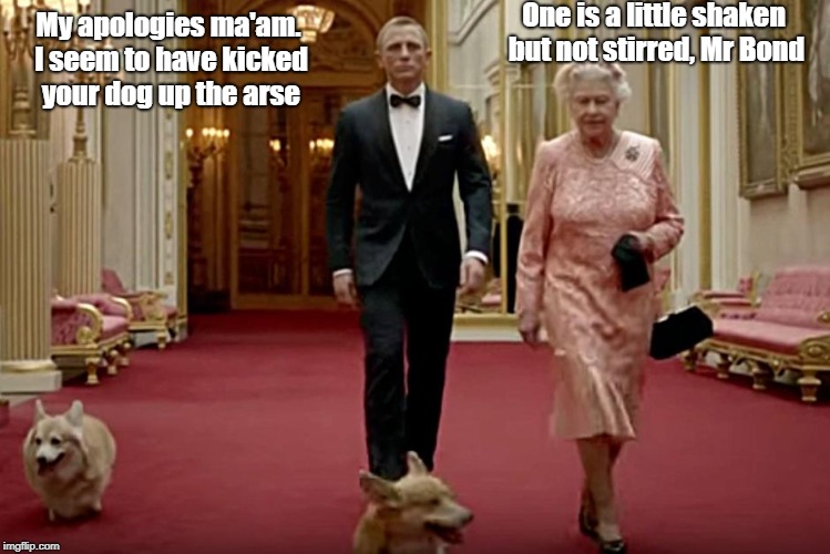 Bond & The Queen | My apologies ma'am. I seem to have kicked your dog up the arse; One is a little shaken but not stirred, Mr Bond | image tagged in bond  the queen | made w/ Imgflip meme maker