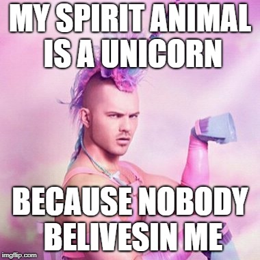 Unicorn MAN | MY SPIRIT ANIMAL IS A UNICORN; BECAUSE NOBODY BELIVESIN ME | image tagged in memes,unicorn man | made w/ Imgflip meme maker