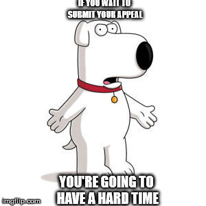 Family Guy Brian | IF YOU WAIT TO SUBMIT YOUR APPEAL; YOU'RE GOING TO HAVE A HARD TIME | image tagged in memes,family guy brian | made w/ Imgflip meme maker
