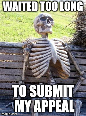 Waiting Skeleton | WAITED TOO LONG; TO SUBMIT MY APPEAL | image tagged in memes,waiting skeleton | made w/ Imgflip meme maker