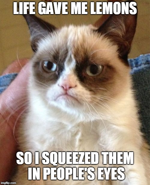Grumpy Cat Meme | LIFE GAVE ME LEMONS; SO I SQUEEZED THEM IN PEOPLE'S EYES | image tagged in memes,grumpy cat | made w/ Imgflip meme maker