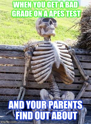 Waiting Skeleton Meme | WHEN YOU GET A BAD GRADE ON A APES TEST; AND YOUR PARENTS FIND OUT ABOUT | image tagged in memes,waiting skeleton | made w/ Imgflip meme maker