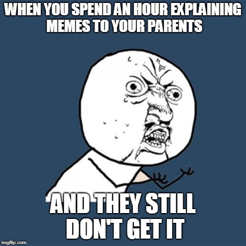 Y U No Meme | WHEN YOU SPEND AN HOUR EXPLAINING MEMES TO YOUR PARENTS; AND THEY STILL DON'T GET IT | image tagged in memes,y u no | made w/ Imgflip meme maker