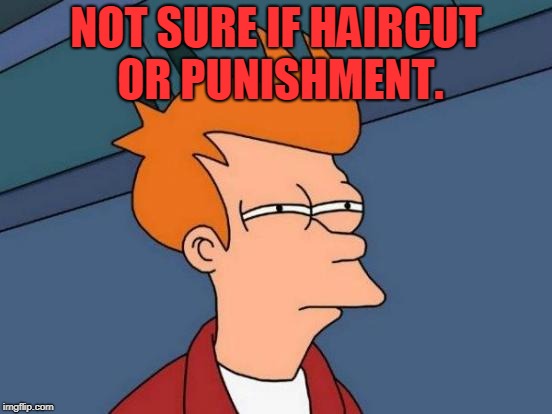 Futurama Fry Meme | NOT SURE IF HAIRCUT OR PUNISHMENT. | image tagged in memes,futurama fry | made w/ Imgflip meme maker