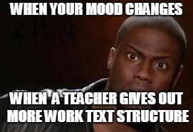 Kevin Hart Meme | WHEN YOUR MOOD CHANGES; WHEN  A TEACHER GIVES OUT MORE WORK TEXT STRUCTURE | image tagged in memes,kevin hart the hell | made w/ Imgflip meme maker