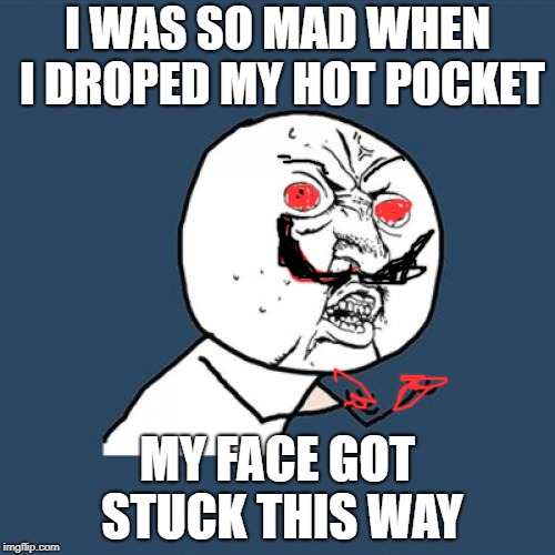Y U No Meme | I WAS SO MAD WHEN I DROPED MY HOT POCKET; MY FACE GOT STUCK THIS WAY | image tagged in memes,y u no | made w/ Imgflip meme maker