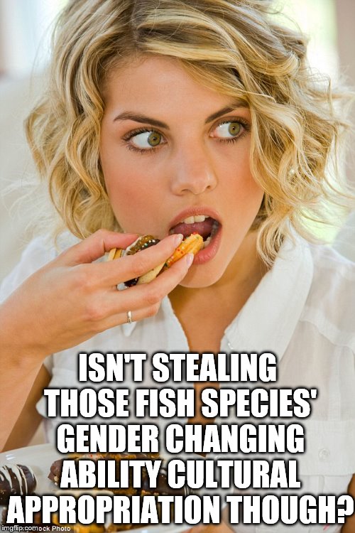 Cookie Thief | ISN'T STEALING THOSE FISH SPECIES' GENDER CHANGING ABILITY CULTURAL APPROPRIATION THOUGH? | image tagged in cookie thief | made w/ Imgflip meme maker