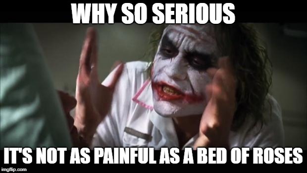 And everybody loses their minds | WHY SO SERIOUS; IT'S NOT AS PAINFUL AS A BED OF ROSES | image tagged in memes,and everybody loses their minds | made w/ Imgflip meme maker
