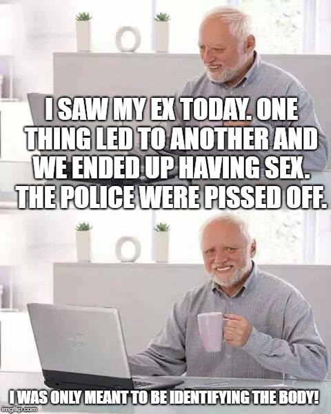 Hide the Pain Harold Meme | I SAW MY EX TODAY. ONE THING LED TO ANOTHER AND WE ENDED UP HAVING SEX. THE POLICE WERE PISSED OFF. I WAS ONLY MEANT TO BE IDENTIFYING THE BODY! | image tagged in memes,hide the pain harold | made w/ Imgflip meme maker