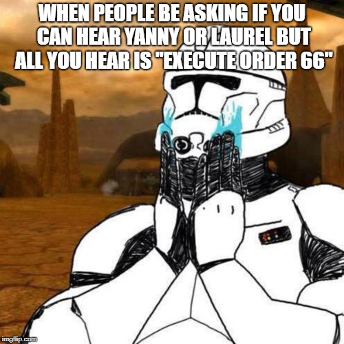 WHEN PEOPLE BE ASKING IF YOU CAN HEAR YANNY OR LAUREL BUT ALL YOU HEAR IS "EXECUTE ORDER 66" | image tagged in star wars,memes | made w/ Imgflip meme maker