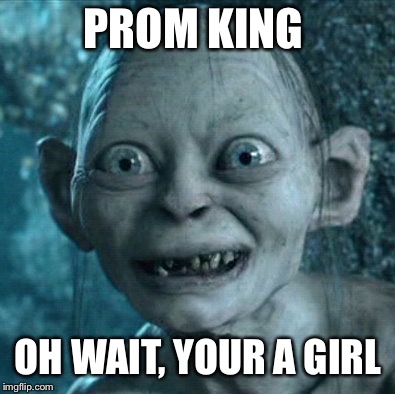 Prom king | PROM KING; OH WAIT, YOUR A GIRL | image tagged in memes,gollum | made w/ Imgflip meme maker