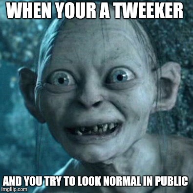 Gollum Meme | WHEN YOUR A TWEEKER; AND YOU TRY TO LOOK NORMAL IN PUBLIC | image tagged in memes,gollum | made w/ Imgflip meme maker