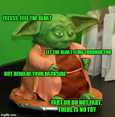 YEESSS, FEEL THE BLOAT; LET THE BLOAT FLOW THROUGH YOU; BUT BEWARE YOUR BACKSIDE; FART OR DO NOT FART, THERE IS NO TRY | image tagged in star wars yoda,fat,bloat,the force | made w/ Imgflip meme maker