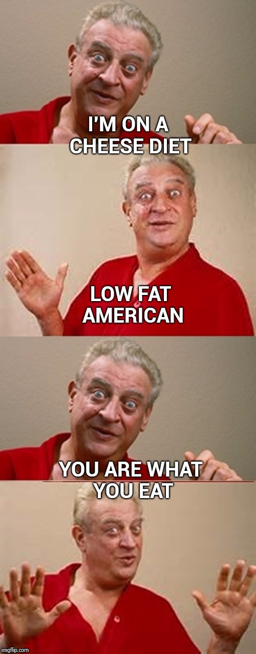 Believing everything you hear | I'M ON A CHEESE DIET; LOW FAT AMERICAN; YOU ARE WHAT YOU EAT | image tagged in rodney 4 panel,cheese,good,junk food,burgers | made w/ Imgflip meme maker