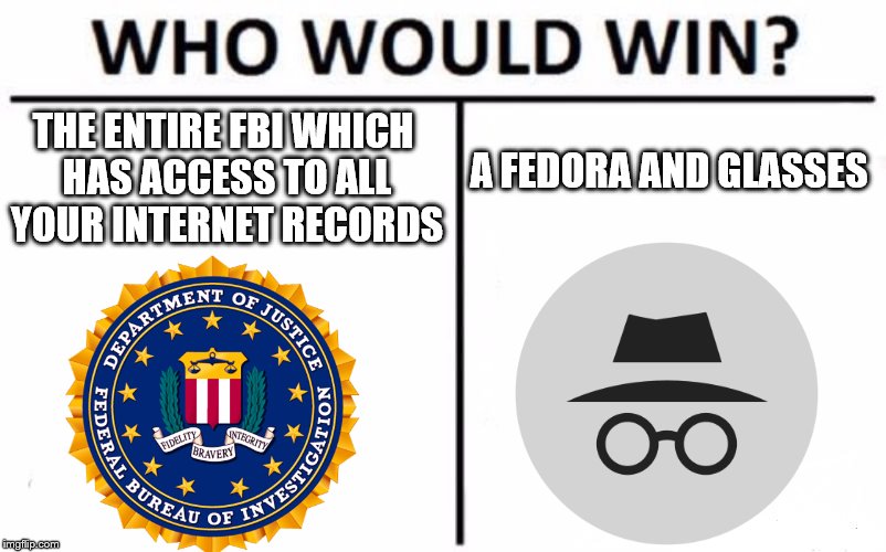 incognito mode is god | THE ENTIRE FBI WHICH HAS ACCESS TO ALL YOUR INTERNET RECORDS; A FEDORA AND GLASSES | image tagged in memes,who would win | made w/ Imgflip meme maker