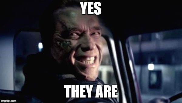 terminator | YES THEY ARE | image tagged in terminator | made w/ Imgflip meme maker
