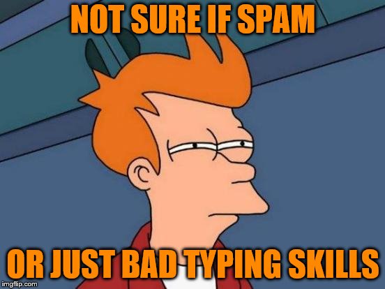 Futurama Fry Meme | NOT SURE IF SPAM; OR JUST BAD TYPING SKILLS | image tagged in memes,futurama fry | made w/ Imgflip meme maker