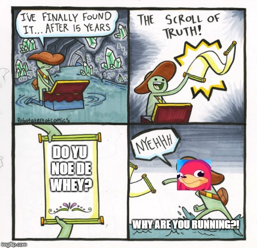 The scroll of knowing de whey.  | DO YU NOE DE WHEY? WHY ARE YOU RUNNING?! | image tagged in memes,the scroll of truth | made w/ Imgflip meme maker