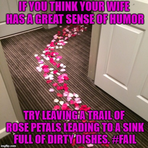 The couch is all mine tonight |  IF YOU THINK YOUR WIFE HAS A GREAT SENSE OF HUMOR; TRY LEAVING A TRAIL OF ROSE PETALS LEADING TO A SINK FULL OF DIRTY DISHES. #FAIL | image tagged in memes,funny,roses,ha ha ha ha,humor,your mom | made w/ Imgflip meme maker