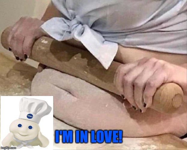Poke him.  Go ahead! |  I'M IN LOVE! | image tagged in pillsbury doughboy,baker,memes,funny | made w/ Imgflip meme maker
