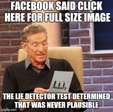 Maury Lie Detector Meme | FACEBOOK SAID CLICK HERE FOR FULL SIZE IMAGE; THE LIE DETECTOR TEST DETERMINED THAT WAS NEVER PLAUSIBLE | image tagged in memes,maury lie detector | made w/ Imgflip meme maker