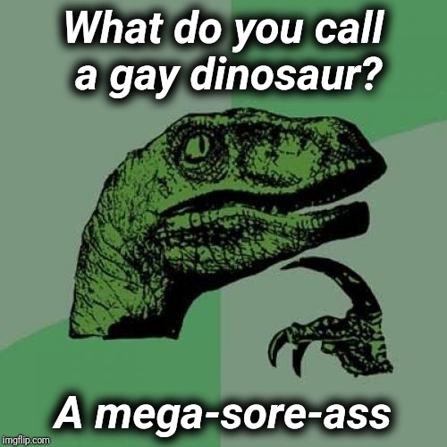 Wow! That's big! | What do you call a gay dinosaur? A mega-sore-ass | image tagged in memes,philosoraptor,justjeff,funny memes | made w/ Imgflip meme maker