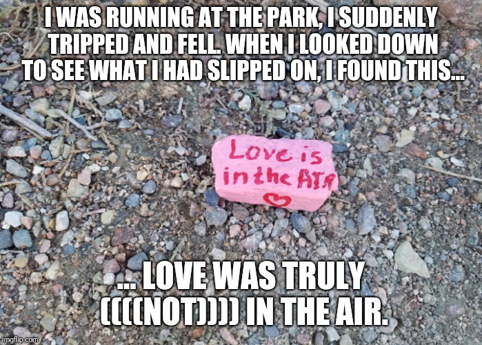 Tripped on fate.  | I WAS RUNNING AT THE PARK, I SUDDENLY TRIPPED AND FELL. WHEN I LOOKED DOWN TO SEE WHAT I HAD SLIPPED ON, I FOUND THIS... ... LOVE WAS TRULY ((((NOT)))) IN THE AIR. | image tagged in not funny,funny as hell | made w/ Imgflip meme maker