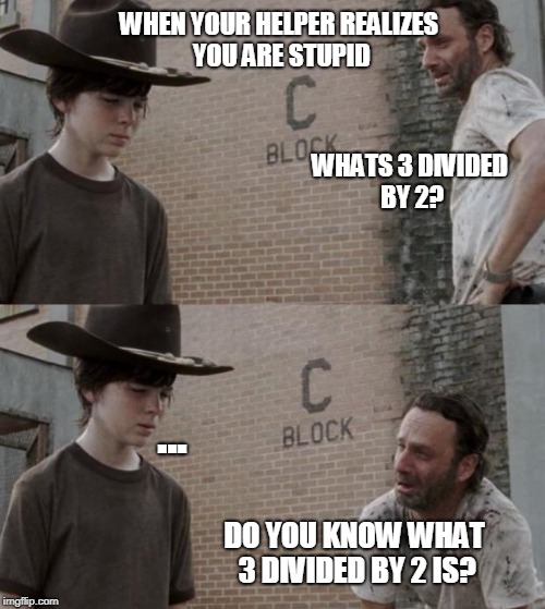 Rick and Carl Meme | WHEN YOUR HELPER REALIZES YOU ARE STUPID; WHATS 3 DIVIDED BY 2? ... DO YOU KNOW WHAT 3 DIVIDED BY 2 IS? | image tagged in memes,rick and carl | made w/ Imgflip meme maker