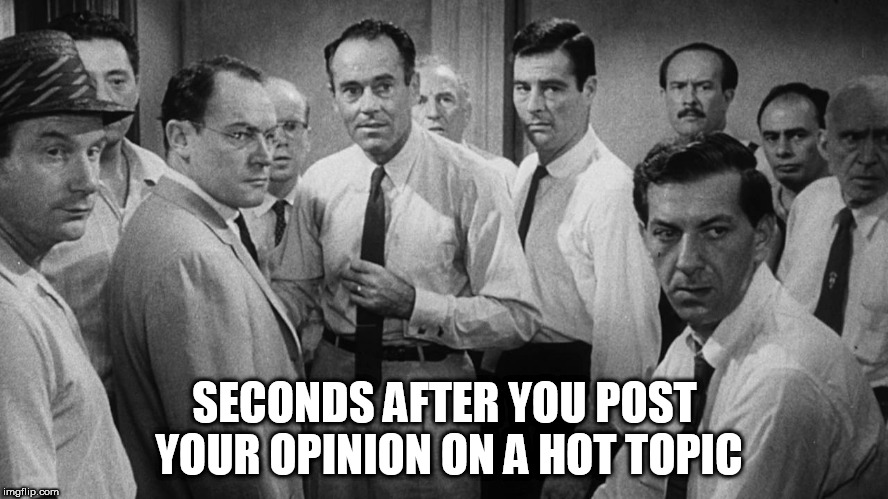 12 ANGRY TROLLS | SECONDS AFTER YOU POST YOUR OPINION ON A HOT TOPIC | image tagged in memes,funny memes | made w/ Imgflip meme maker
