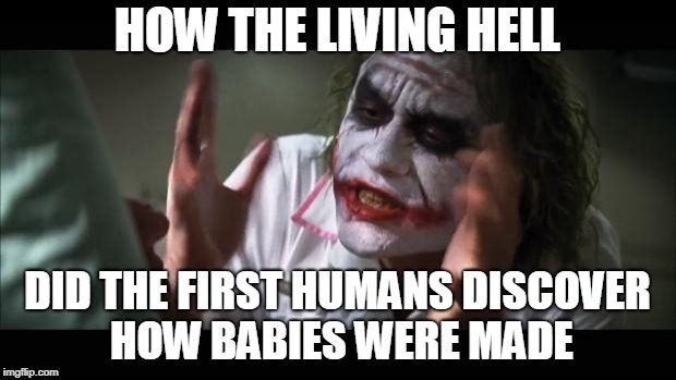 And everybody loses their minds | HOW THE LIVING HELL; DID THE FIRST HUMANS DISCOVER HOW BABIES WERE MADE | image tagged in memes,and everybody loses their minds | made w/ Imgflip meme maker