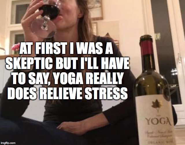 <3 <3 | AT FIRST I WAS A SKEPTIC BUT I'LL HAVE TO SAY, YOGA REALLY DOES RELIEVE STRESS | image tagged in yoga,stress,skeptical,drinking wine | made w/ Imgflip meme maker