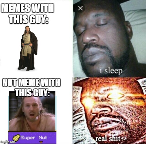 Sleeping Shaq | MEMES WITH THIS GUY:; NUT MEME WITH THIS GUY: | image tagged in memes,sleeping shaq | made w/ Imgflip meme maker