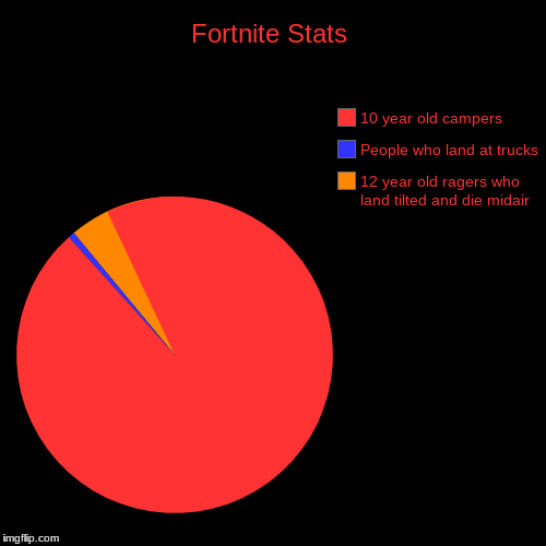 Fortnite Stats | 12 year old ragers who land tilted and die midair, People who land at trucks, 10 year old campers | image tagged in funny,pie charts | made w/ Imgflip chart maker