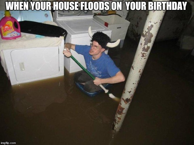 BIRTHDAY FLOOD |  WHEN YOUR HOUSE FLOODS ON  YOUR BIRTHDAY | image tagged in memes,laundry viking | made w/ Imgflip meme maker