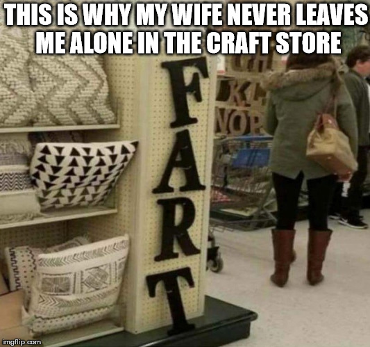 Never let a man loose in a craft store |  THIS IS WHY MY WIFE NEVER LEAVES ME ALONE IN THE CRAFT STORE | image tagged in memes,husband,sign,funny,crafts,store | made w/ Imgflip meme maker