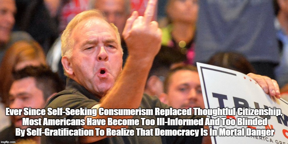 Ever Since Self-Seeking Consumerism Replaced Thoughtful Citizenship, Most Americans Have Become Too Ill-Informed And Too Blinded By Self-Gra | made w/ Imgflip meme maker