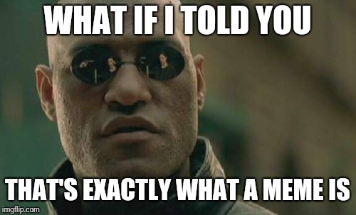 Matrix Morpheus Meme | WHAT IF I TOLD YOU; THAT'S EXACTLY WHAT A MEME IS | image tagged in memes,matrix morpheus | made w/ Imgflip meme maker