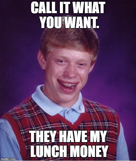 Bad Luck Brian Meme | CALL IT WHAT YOU WANT. THEY HAVE MY LUNCH MONEY | image tagged in memes,bad luck brian | made w/ Imgflip meme maker
