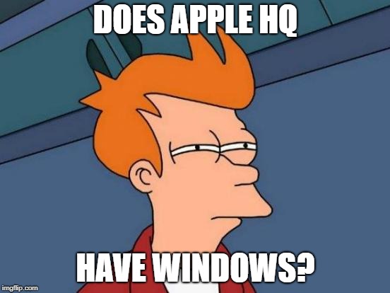 Futurama Fry | DOES APPLE HQ; HAVE WINDOWS? | image tagged in memes,futurama fry | made w/ Imgflip meme maker