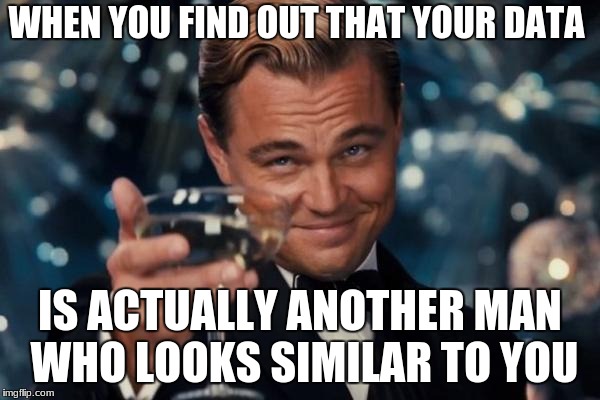 Leonardo Dicaprio Cheers Meme | WHEN YOU FIND OUT THAT YOUR DATA; IS ACTUALLY ANOTHER MAN WHO LOOKS SIMILAR TO YOU | image tagged in memes,leonardo dicaprio cheers | made w/ Imgflip meme maker